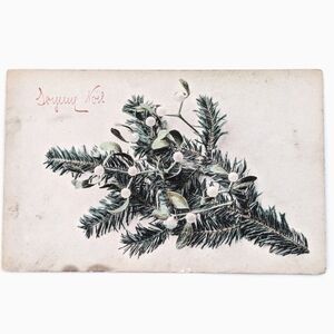 French Joyeux noël! Merry Christmas - Fir with Holly Vintage Postcard